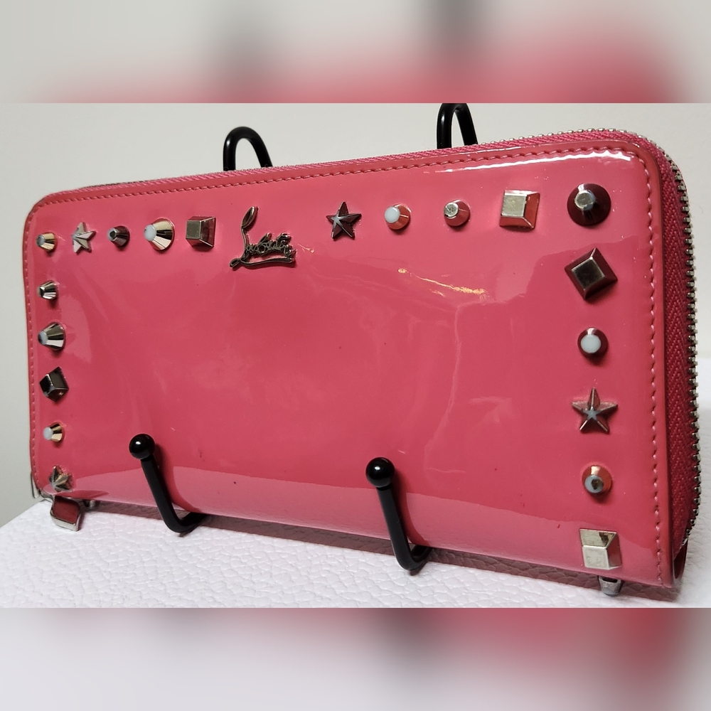 CHRISTIAN LOUBOUTIN Pink Patent Leather & Spikes Long Zip Wallet